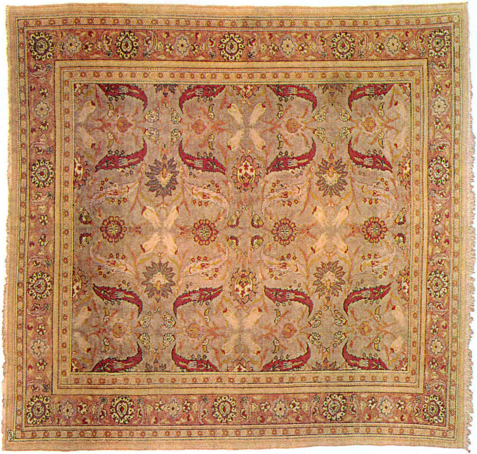 1890年珍贵的土耳其地毯，其图案为郁金香花卉，并标有工厂的记号